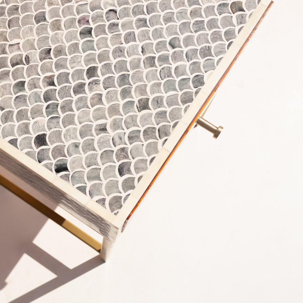 Stylish Grey Bone Inlay Bedside Table with Brass Finish Legs