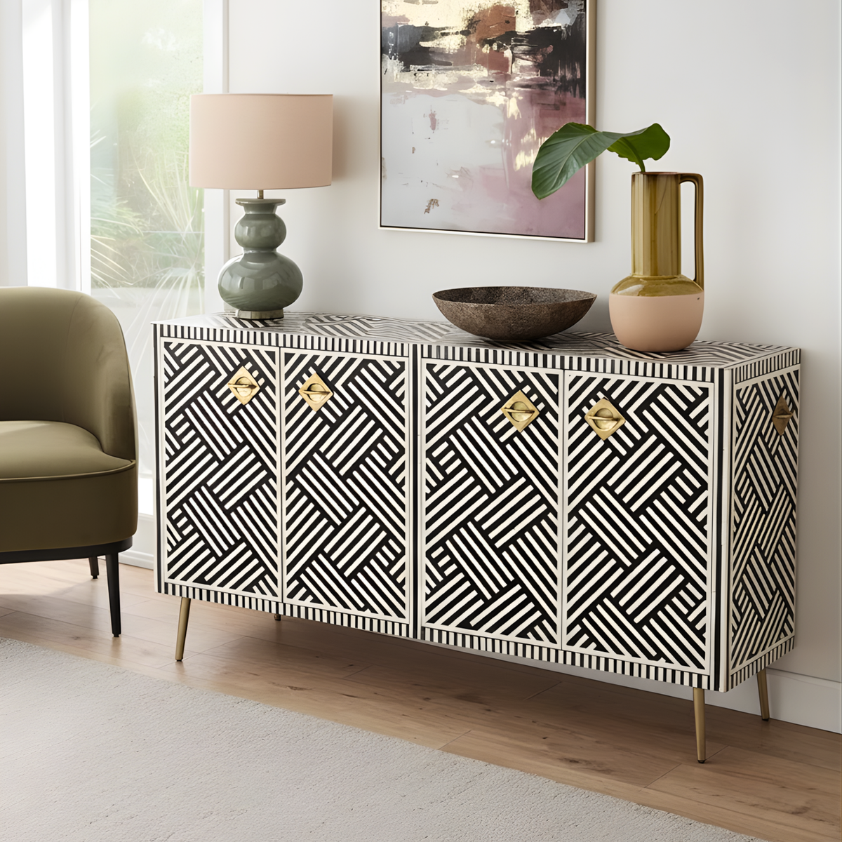 Rangvaan Bone Inlay Sideboard Cabinet with Brass Handles - Handcrafted Storage Unit