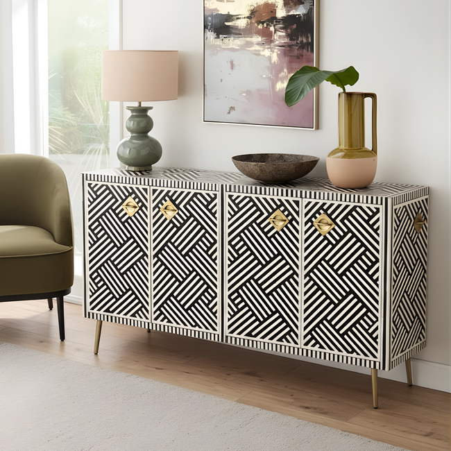 Rangvaan Bone Inlay Sideboard Cabinet with Brass Handles - Handcrafted Storage Unit Hover Image