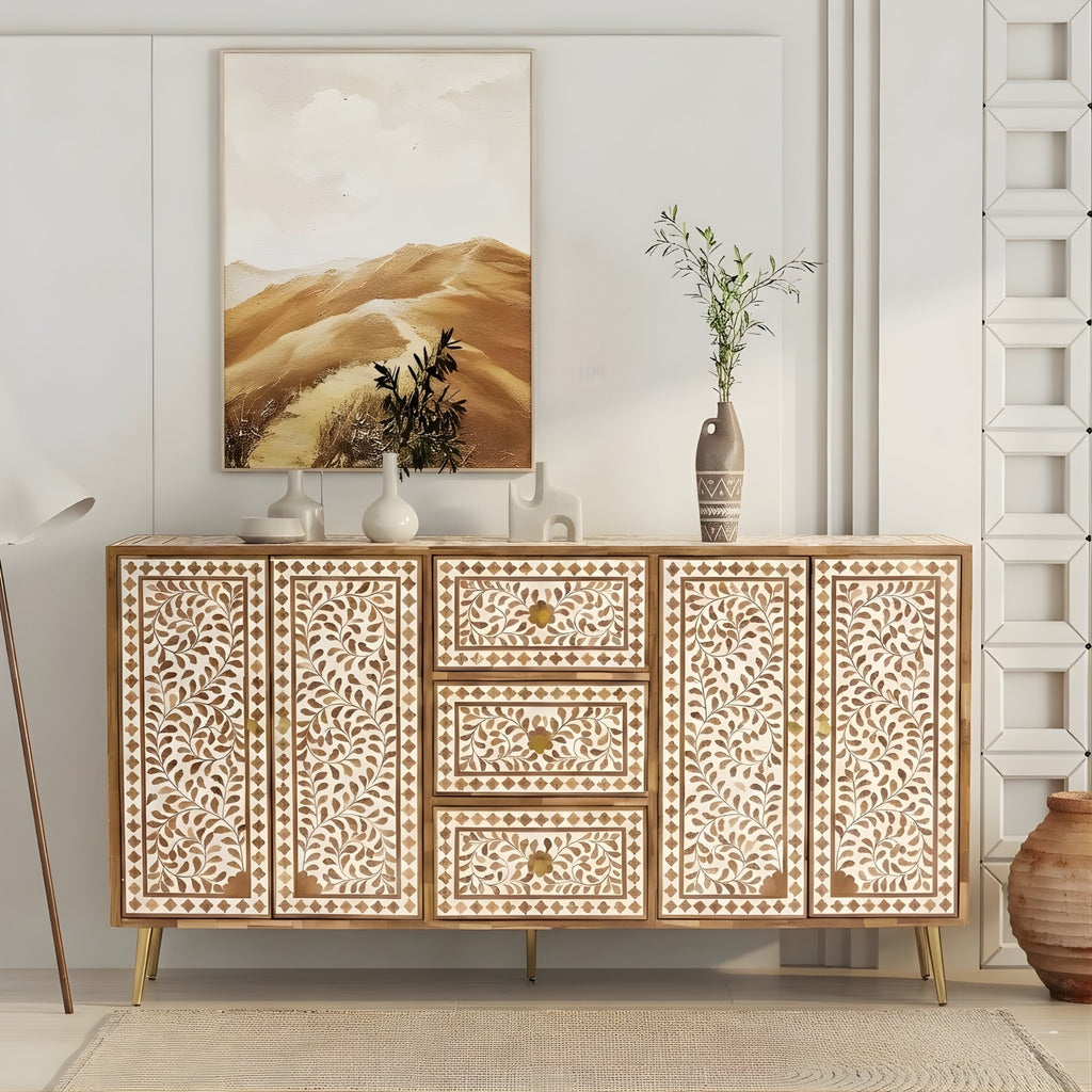 Rooprekha Floral Pattern Wooden Inlay 4-door and 3 drawers cabinet
