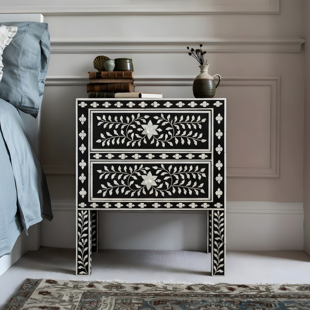 Heritage Black Bone Inlay Bedside Chest with 2 Drawers