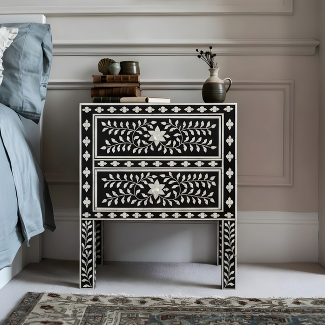 Heritage Black Bone Inlay Bedside Chest with 2 Drawers Hover Image