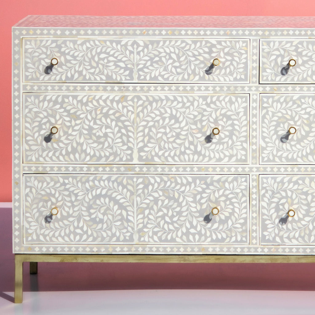 Ivory Floral Bone Inlay 6-Drawer Chest with Gold-Finish Metal Legs
