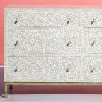 Ivory Floral Bone Inlay 6-Drawer Chest with Gold-Finish Metal Legs