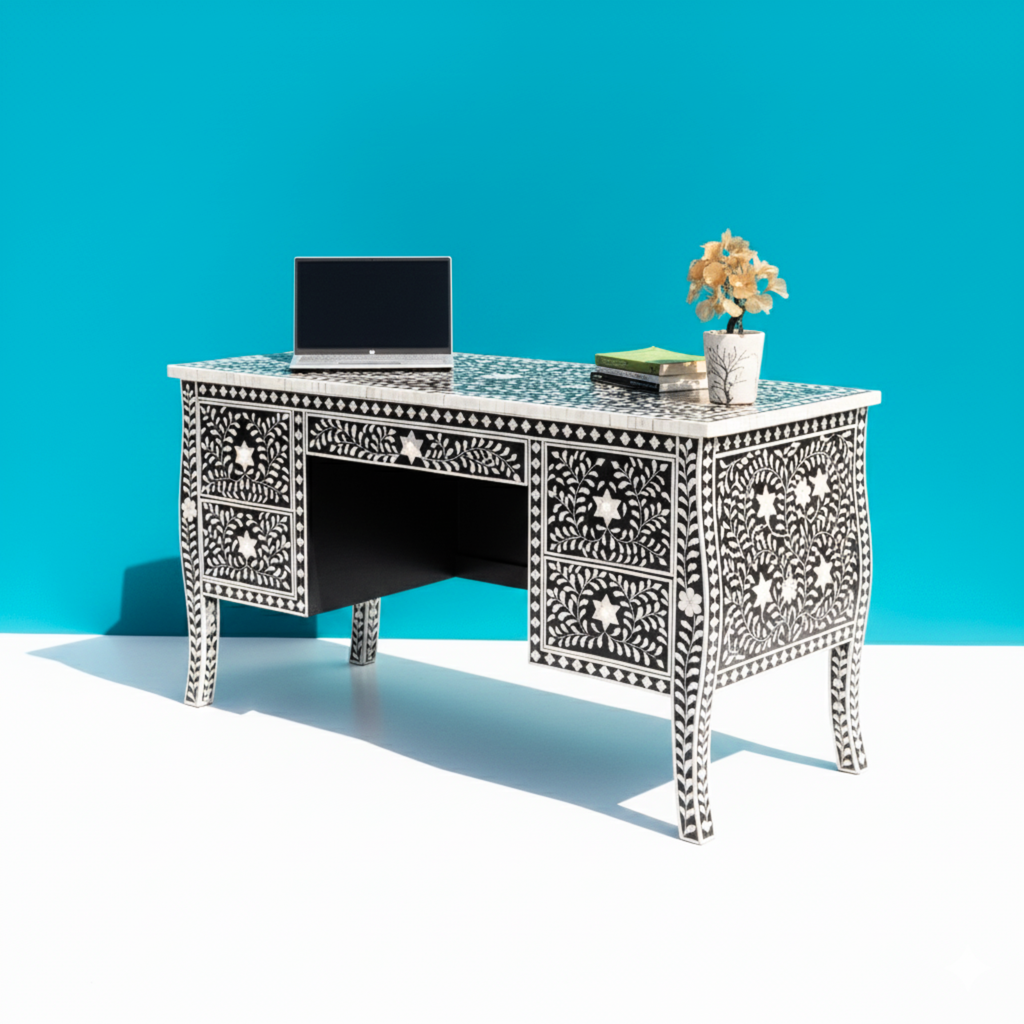 Sheesh Mahal Black Floral Bone Inlay 5-Drawer Office/Home Desk
