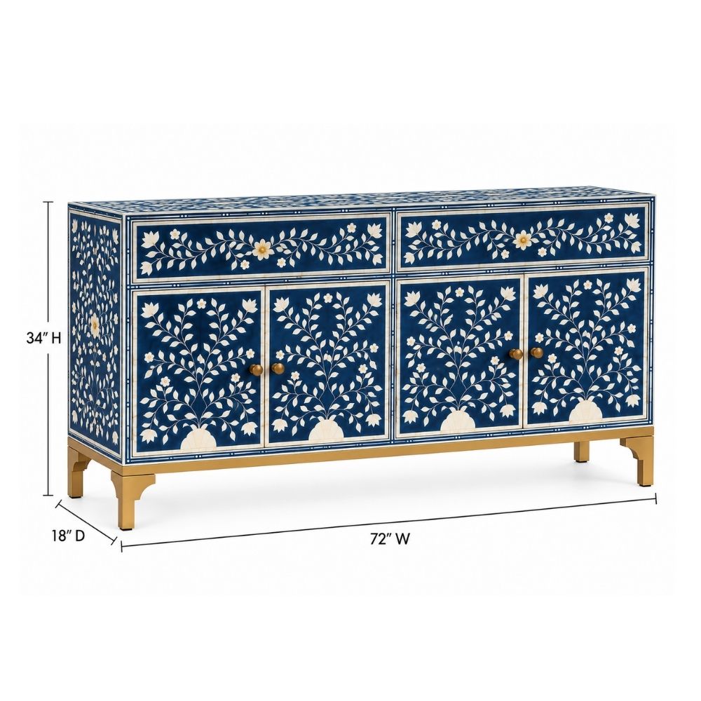 Rajmahal Blue Bone Inlay 2 Drawer 4 Door Buffet Cabinet with Floral Design