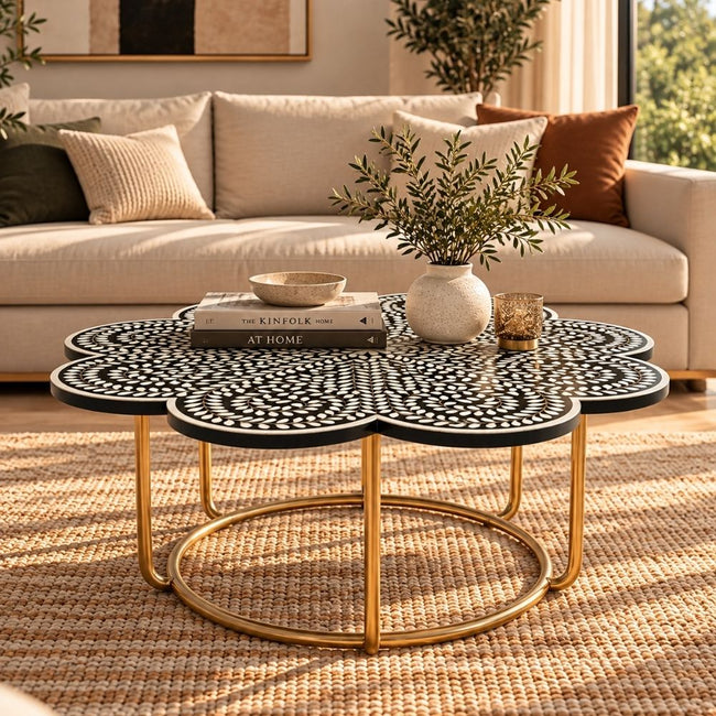 Mother of Pearl Inlay Black & White Floral Coffee Table Main Image