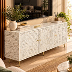 White Mother of Pearl Inlay 3 Door TV Unit Media Cabinet