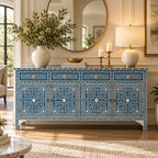 Aangan Blue & White Bone Inlay Floral 4 Drawer 4 Door Buffet Cabinet / Sideboard