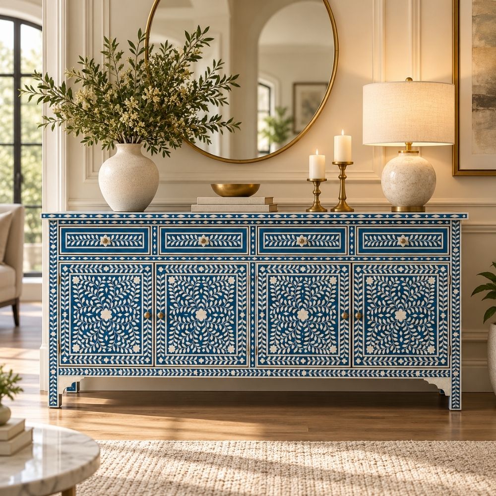 Aangan Blue & White Bone Inlay Floral 4 Drawer 4 Door Buffet Cabinet / Sideboard