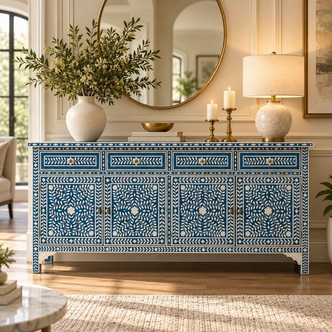 Aangan Blue & White Bone Inlay Floral 4 Drawer 4 Door Buffet Cabinet / Sideboard Hover Image