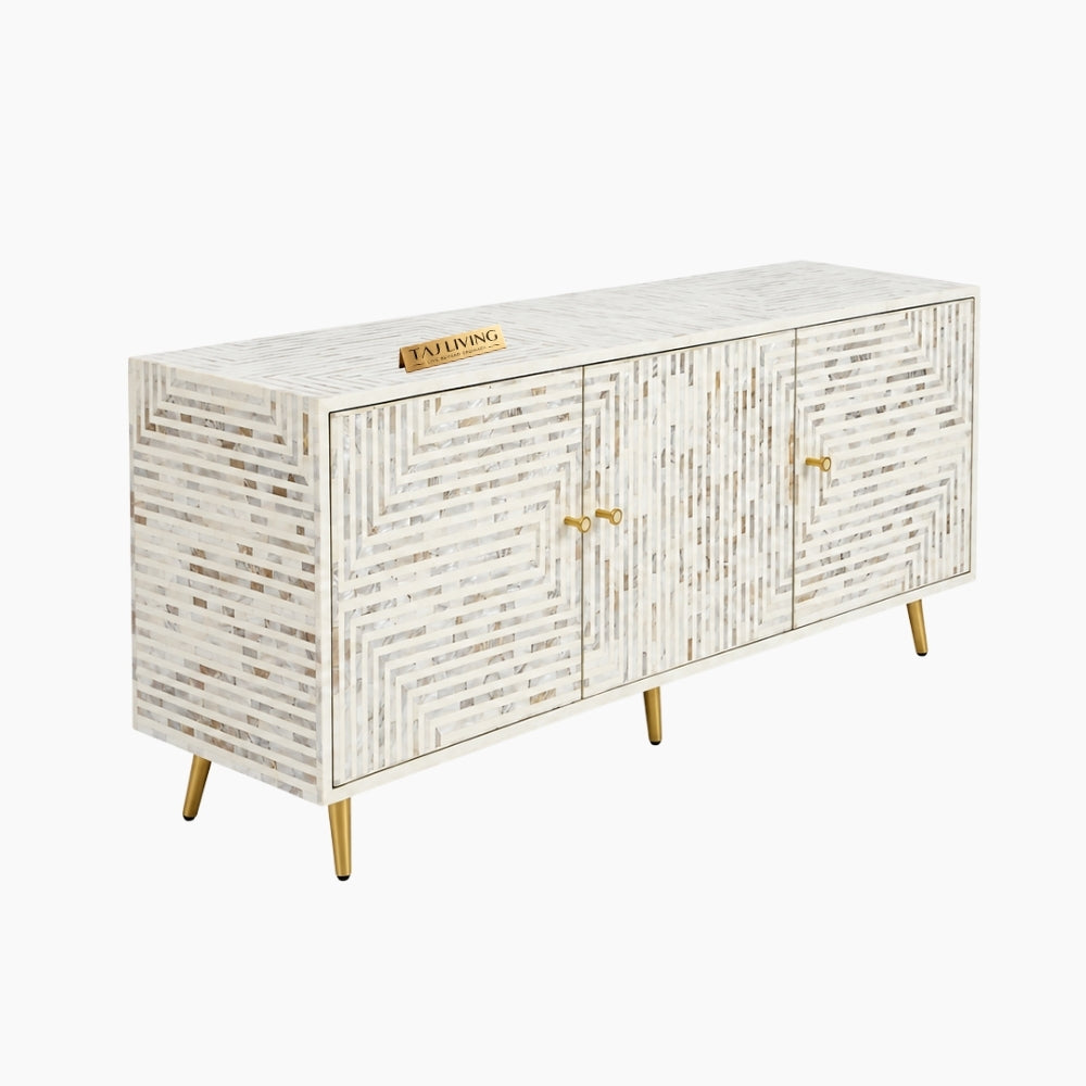 White Mother of Pearl Inlay 3 Door TV Unit Media Cabinet