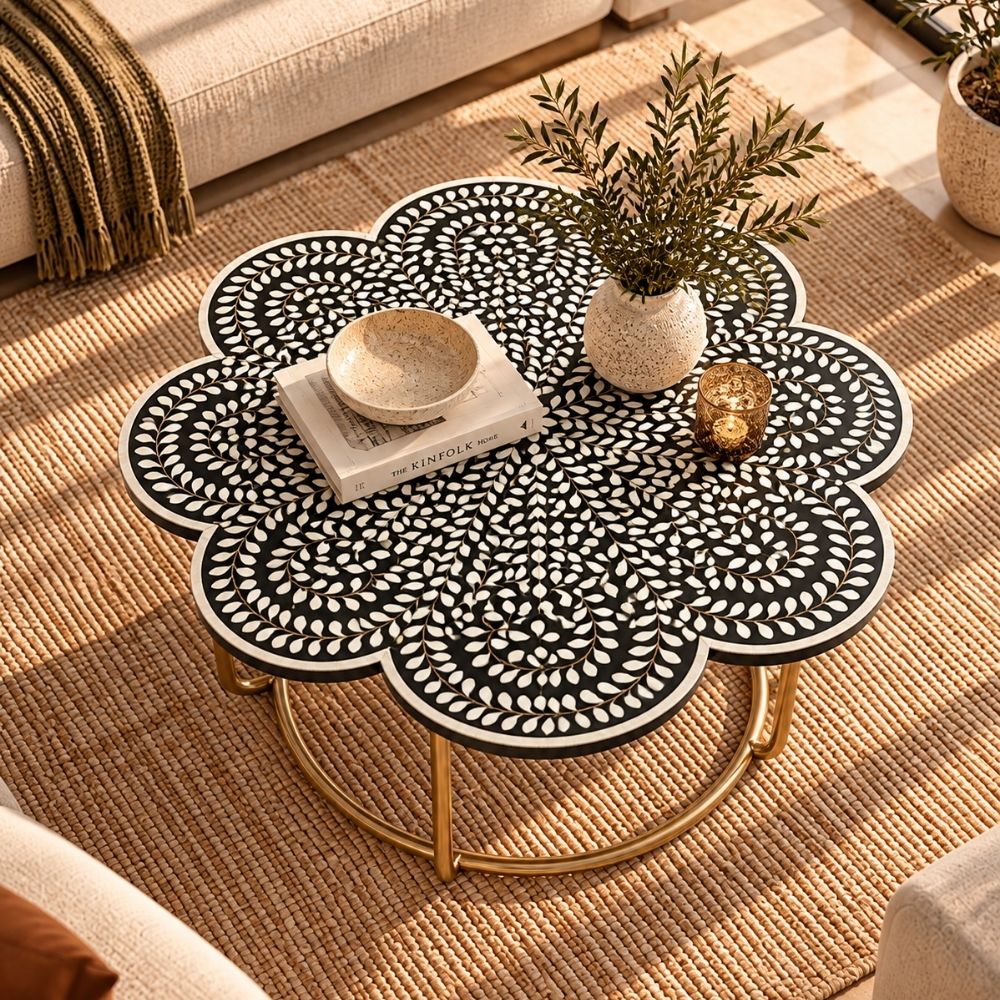 Mother of Pearl Inlay Black & White Floral Coffee Table