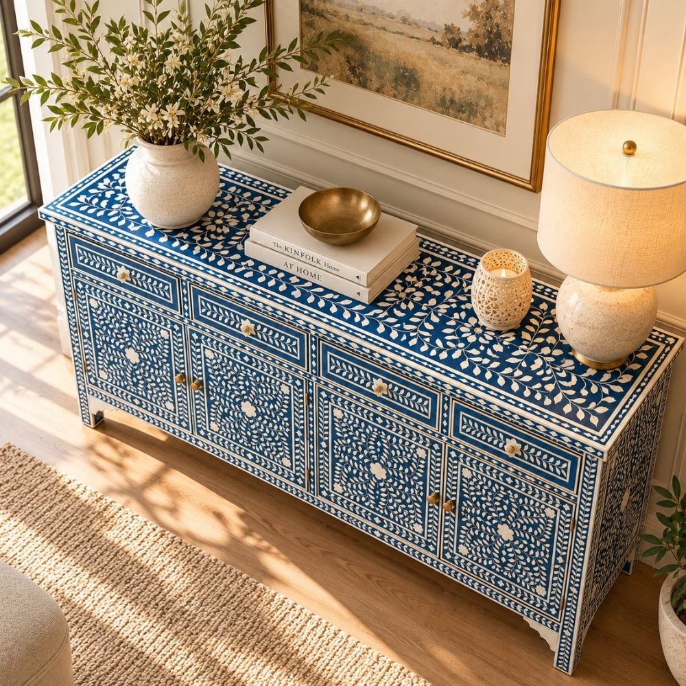 Aangan Blue & White Bone Inlay Floral 4 Drawer 4 Door Buffet Cabinet / Sideboard