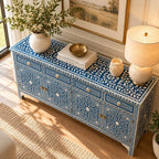 Aangan Blue & White Bone Inlay Floral 4 Drawer 4 Door Buffet Cabinet / Sideboard