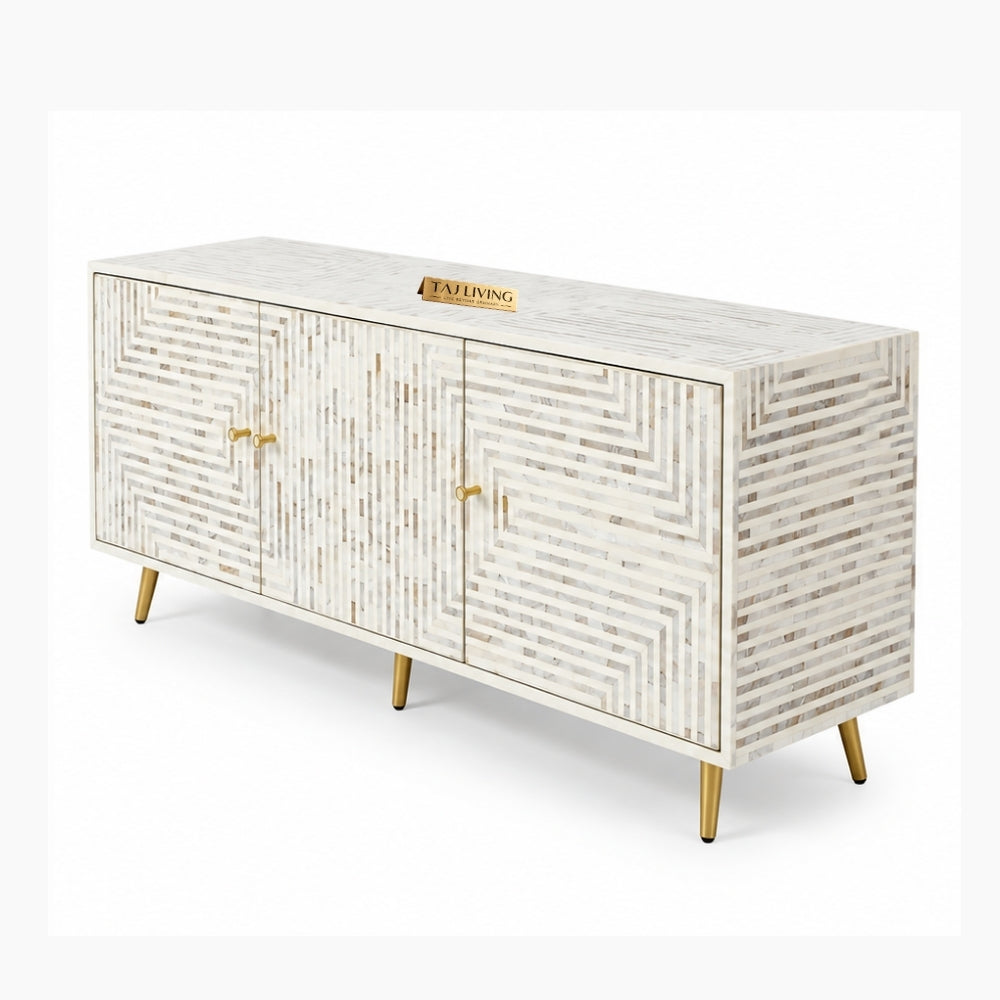 White Mother of Pearl Inlay 3 Door TV Unit Media Cabinet