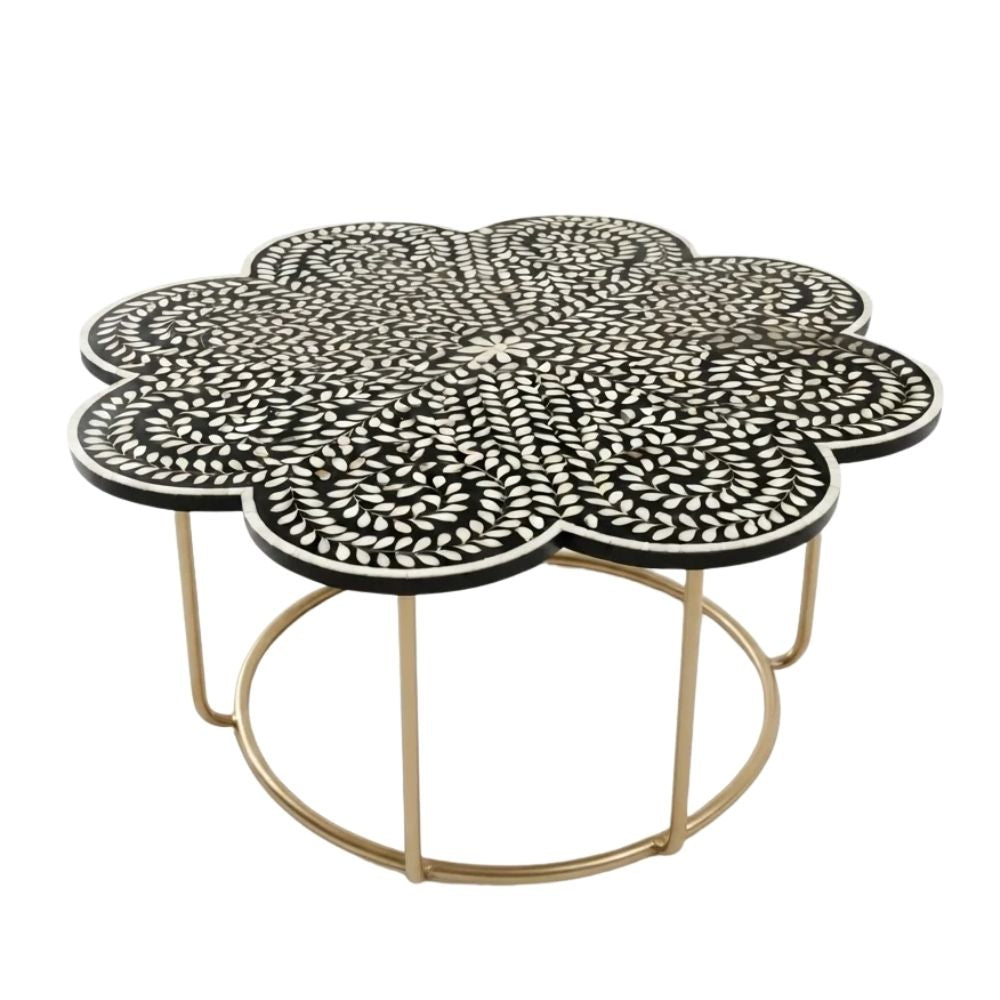 Mother of Pearl Inlay Black & White Floral Coffee Table