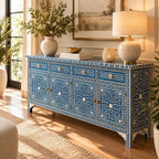 Aangan Blue & White Bone Inlay Floral 4 Drawer 4 Door Buffet Cabinet / Sideboard