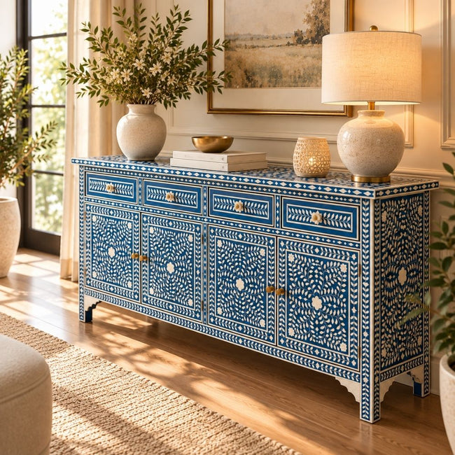 Aangan Blue & White Bone Inlay Floral 4 Drawer 4 Door Buffet Cabinet / Sideboard Main Image