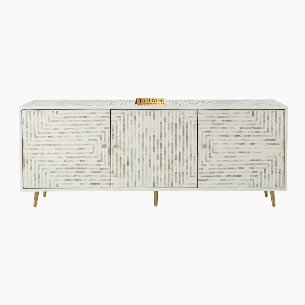 White Mother of Pearl Inlay 3 Door TV Unit Media Cabinet