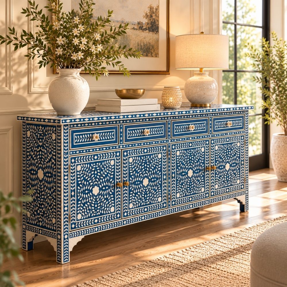 Aangan Blue & White Bone Inlay Floral 4 Drawer 4 Door Buffet Cabinet / Sideboard