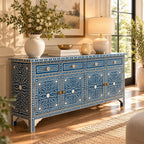 Aangan Blue & White Bone Inlay Floral 4 Drawer 4 Door Buffet Cabinet / Sideboard