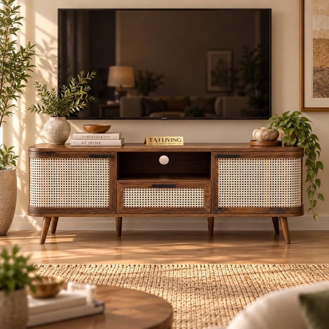 Curved Rattan 150cm TV Unit, Walnut Hover Image