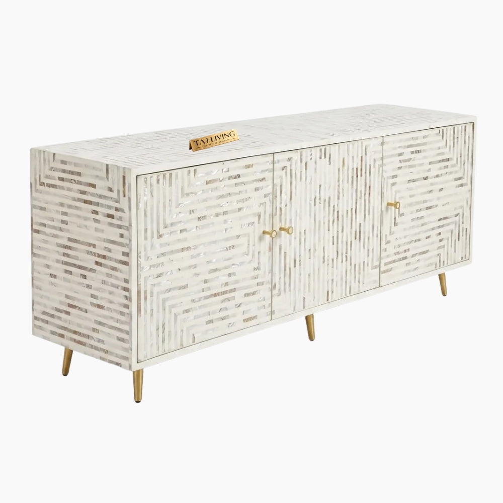 White Mother of Pearl Inlay 3 Door TV Unit Media Cabinet