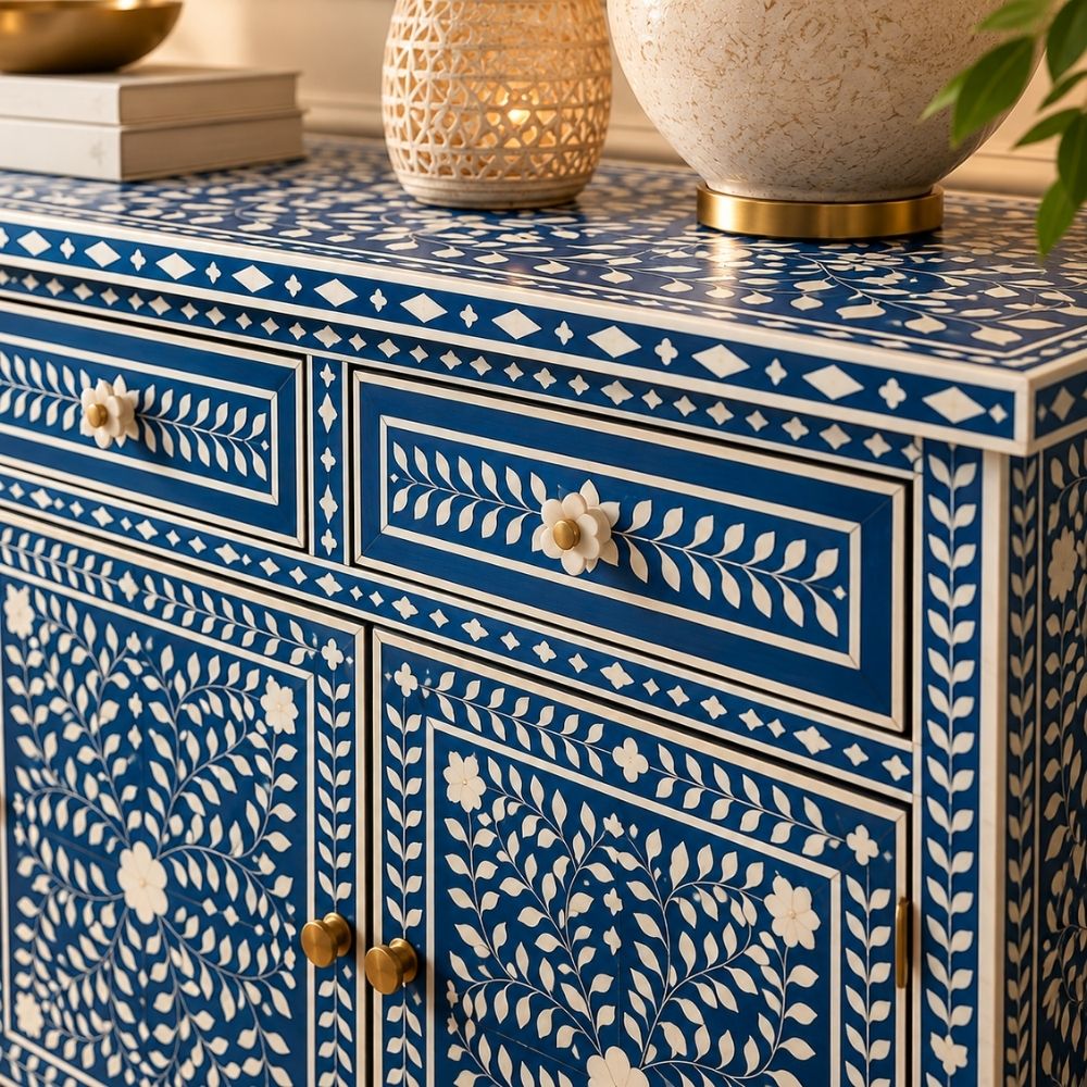 Aangan Blue & White Bone Inlay Floral 4 Drawer 4 Door Buffet Cabinet / Sideboard