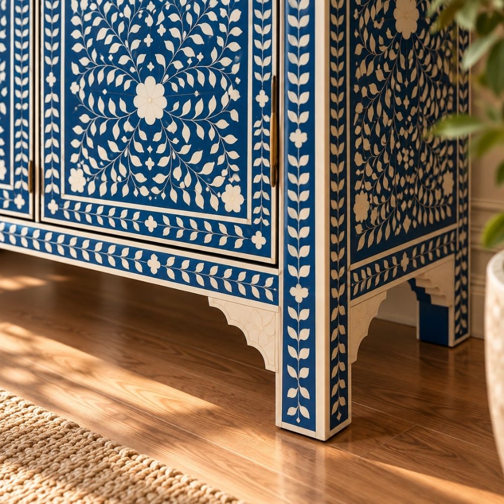 Aangan Blue & White Bone Inlay Floral 4 Drawer 4 Door Buffet Cabinet / Sideboard