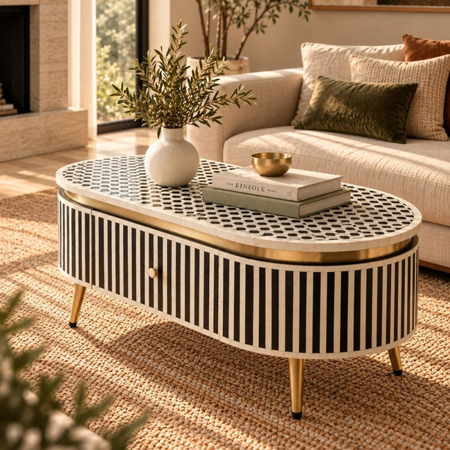 Bone Inlay Black & White Oval 2-Drawer Coffee Table Main Image