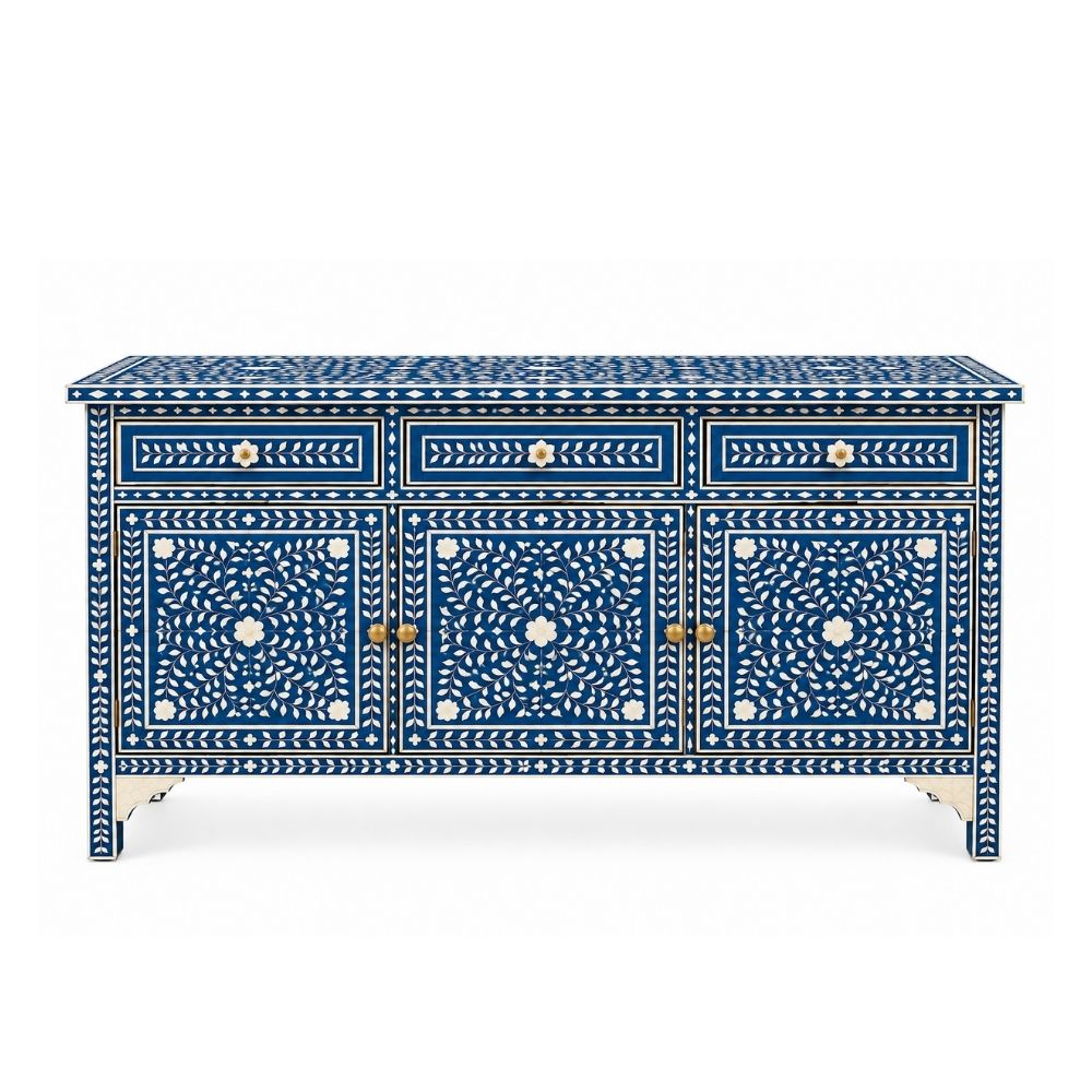 Aangan Blue & White Bone Inlay Floral 4 Drawer 4 Door Buffet Cabinet / Sideboard