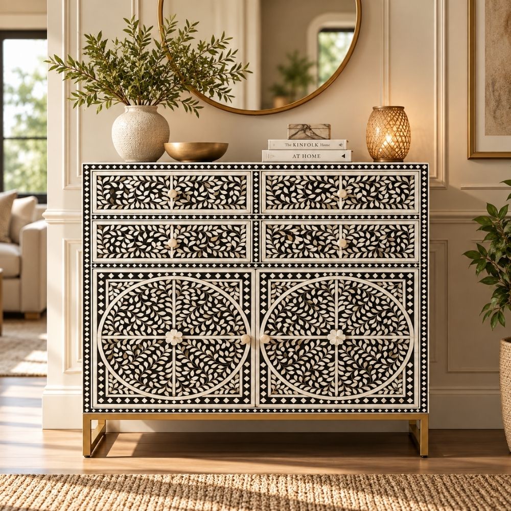 Diwan-e-Khaas Mother of Pearl Inlay Black & White 4-Drawer 2-Door Cabinet