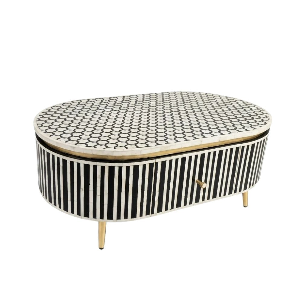 Bone Inlay Black & White Oval 2-Drawer Coffee Table