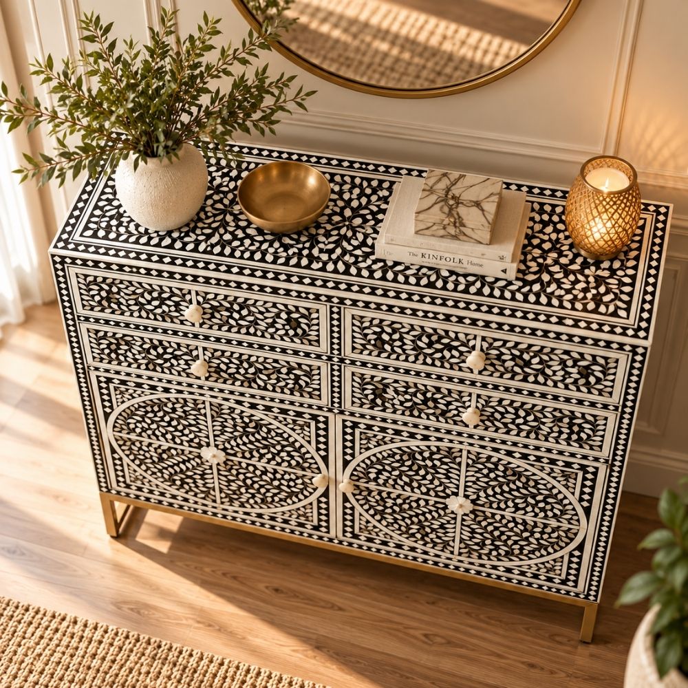 Diwan-e-Khaas Mother of Pearl Inlay Black & White 4-Drawer 2-Door Cabinet