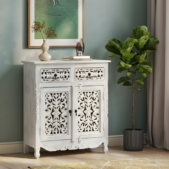 Hand-Carved Floral Wooden Cabinet – Distressed White Buffet Hover Image