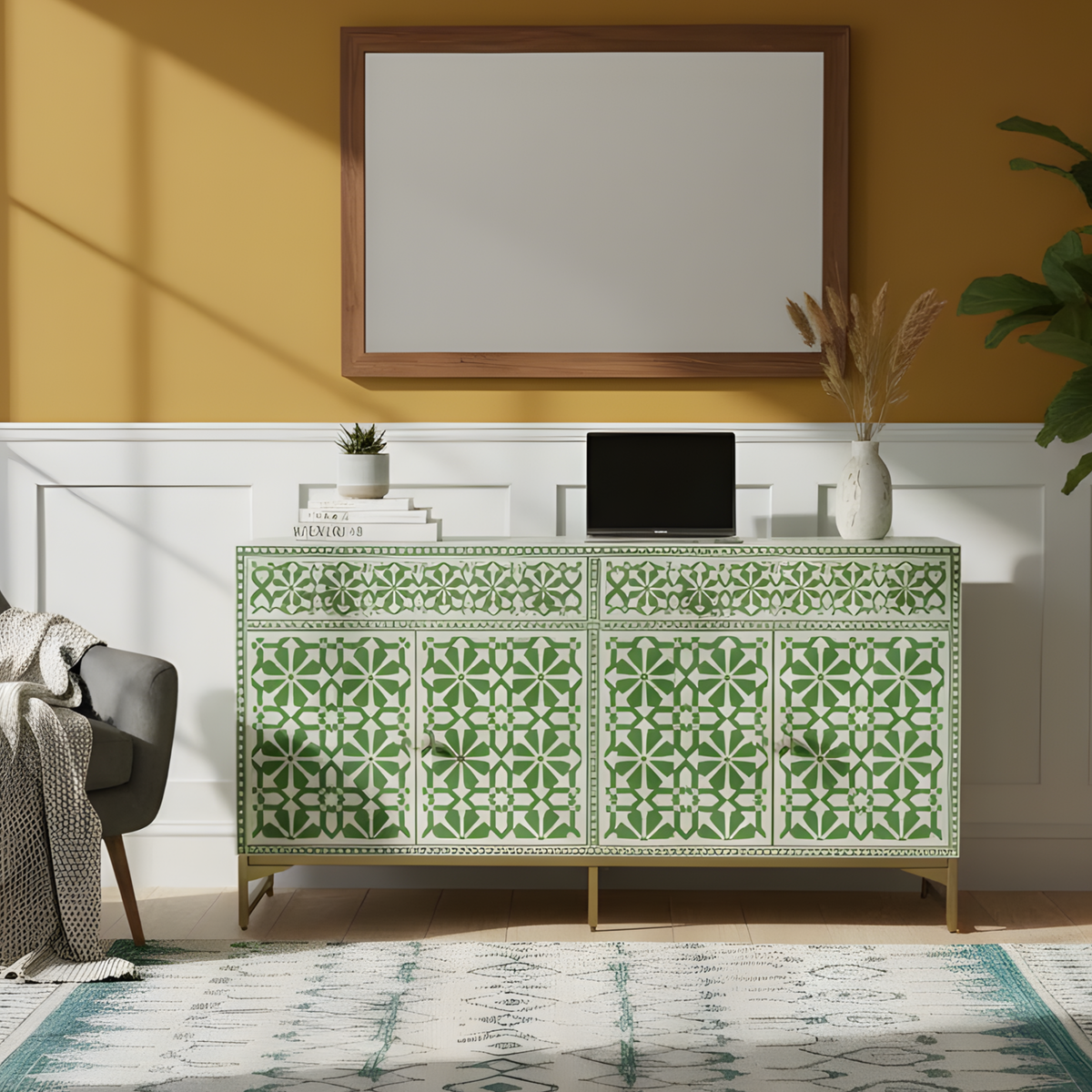 Rajdarbar Bone Inlay Floral Storage Sideboard with 3 Smooth-Glide Drawers
