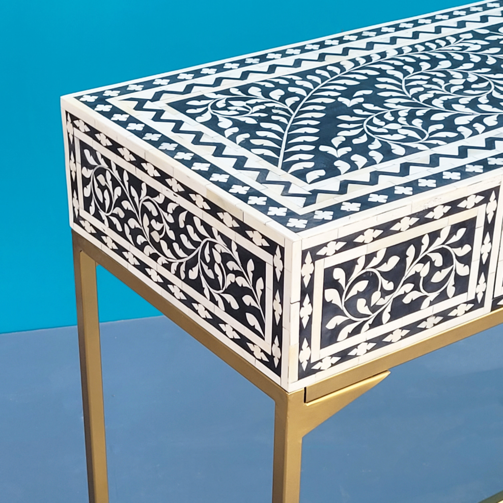 Regal Black & White Floral Bone Inlay Console Table with Gold-Finish Base