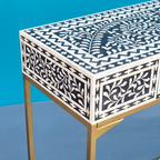 Regal Black & White Floral Bone Inlay Console Table with Gold-Finish Base