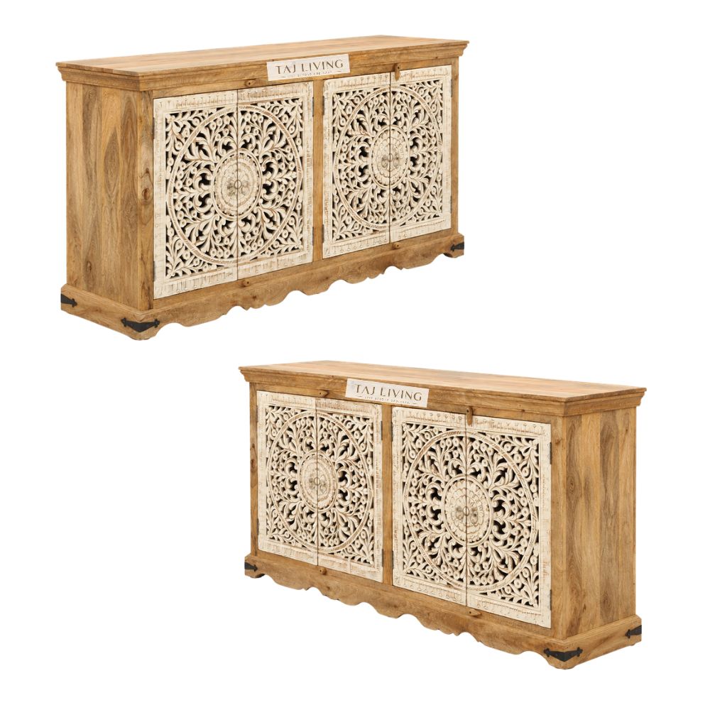Handcrafted Solid Wood Sideboard Cabinet with Intricate Mandala Carved Doors