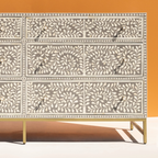 Luxury Grey Bone Inlay Chest of 6 Drawers with Floral Design