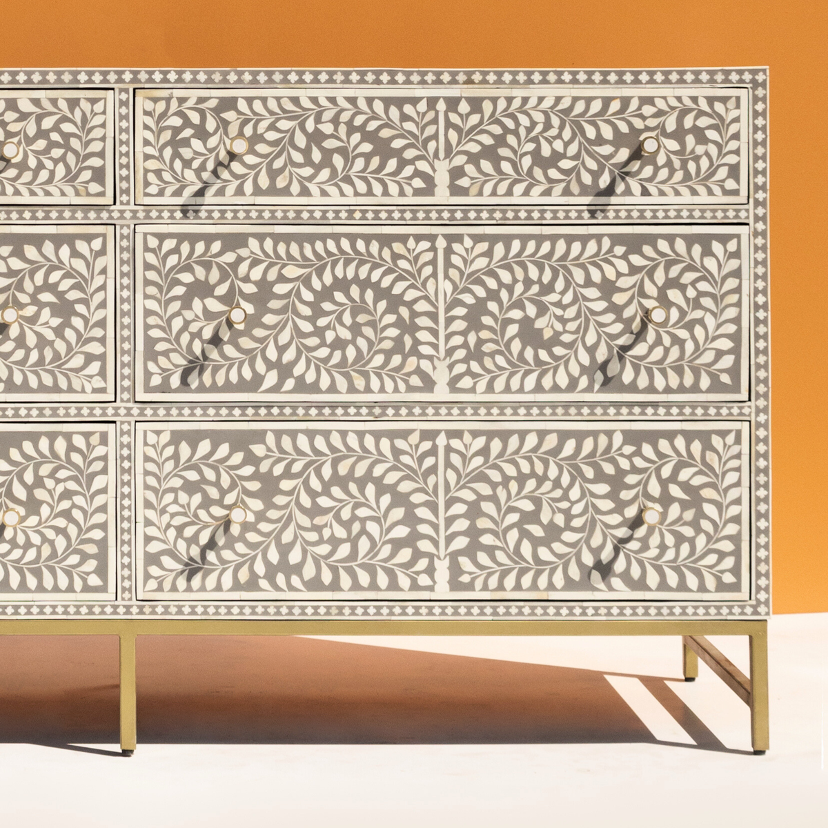 Luxury Grey Bone Inlay Chest of 6 Drawers with Floral Design