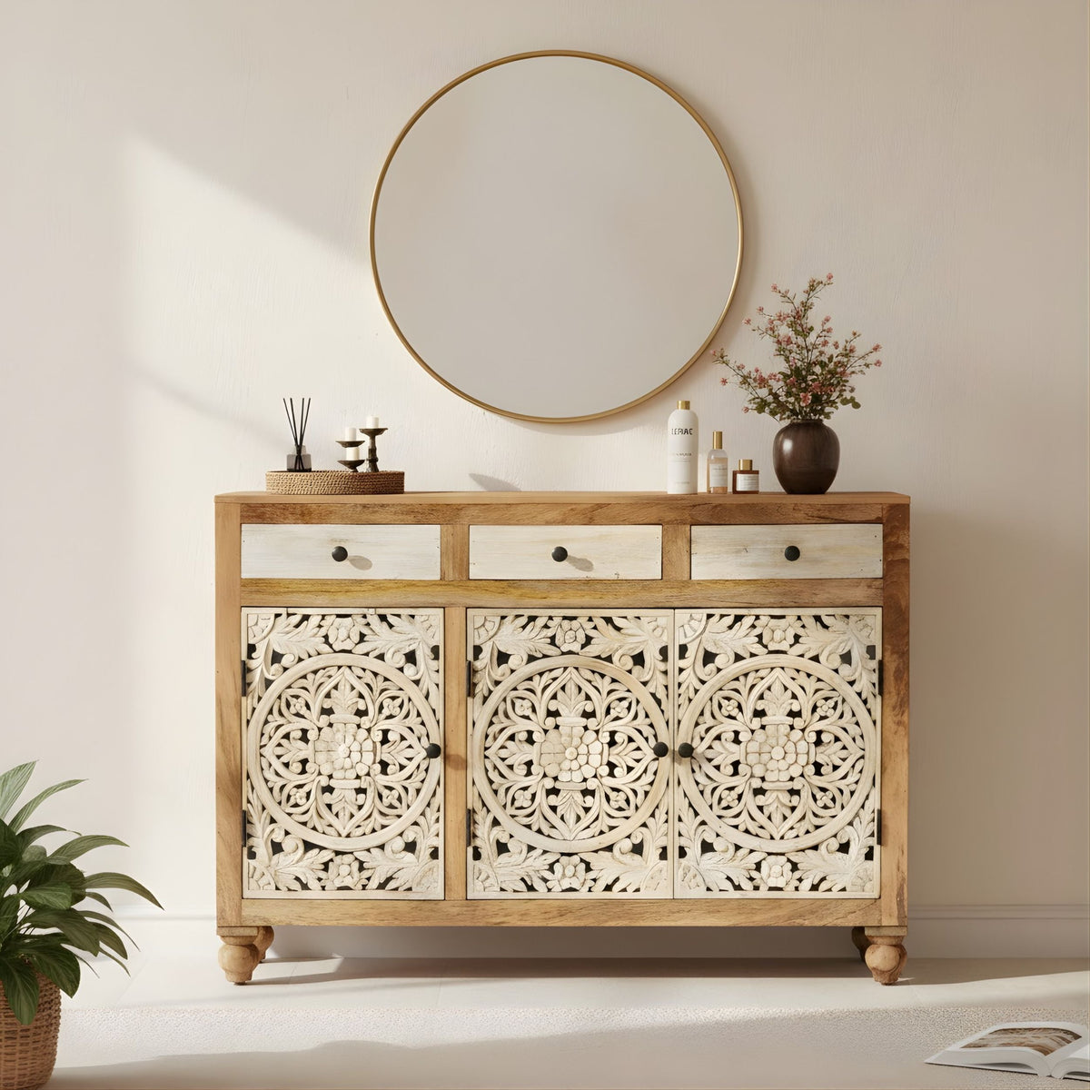 Motifs Mango Wood Floral Mandala Sideboard – 3 Door & 3 Drawer Buffet