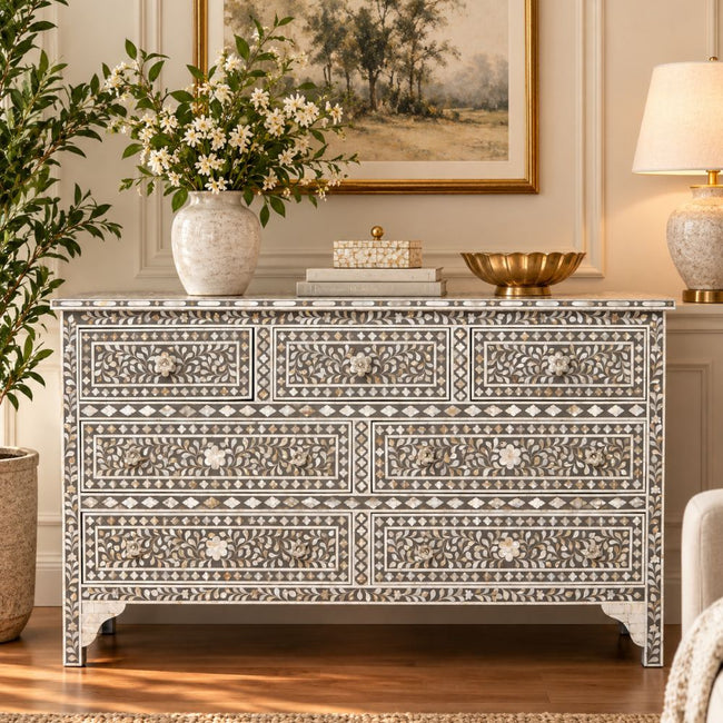 Charbagh Grey & White Floral Mother of Pearl Sideboard – Handcrafted 7-Drawer Cabinet Hover Image