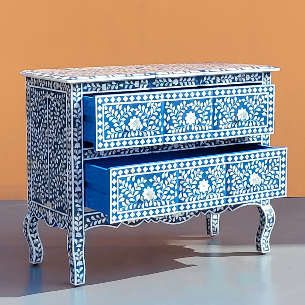 Vihana Mother of Pearl Chest of 2 Drawers Dark Blue Floral Design