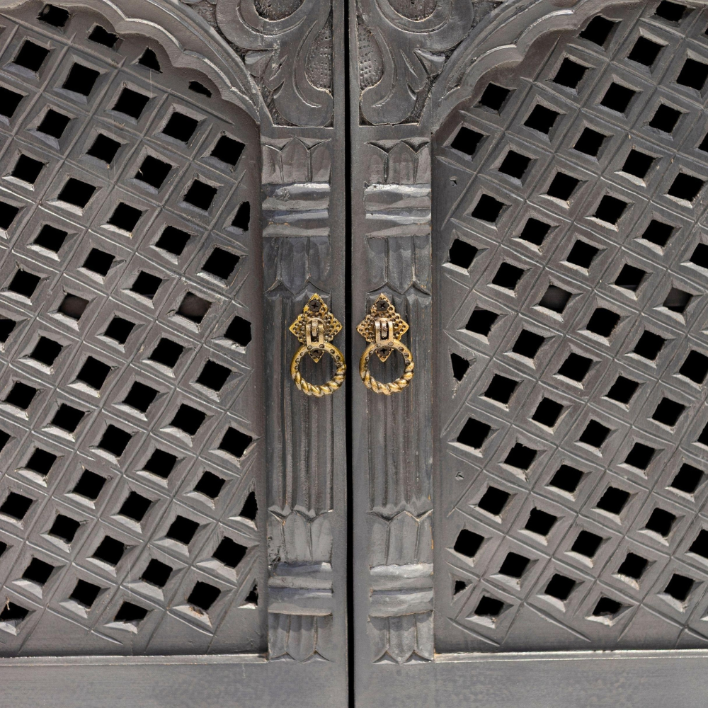 Haveli Wooden Hand Carved 3-Door Jali Cabinet / Sideboard