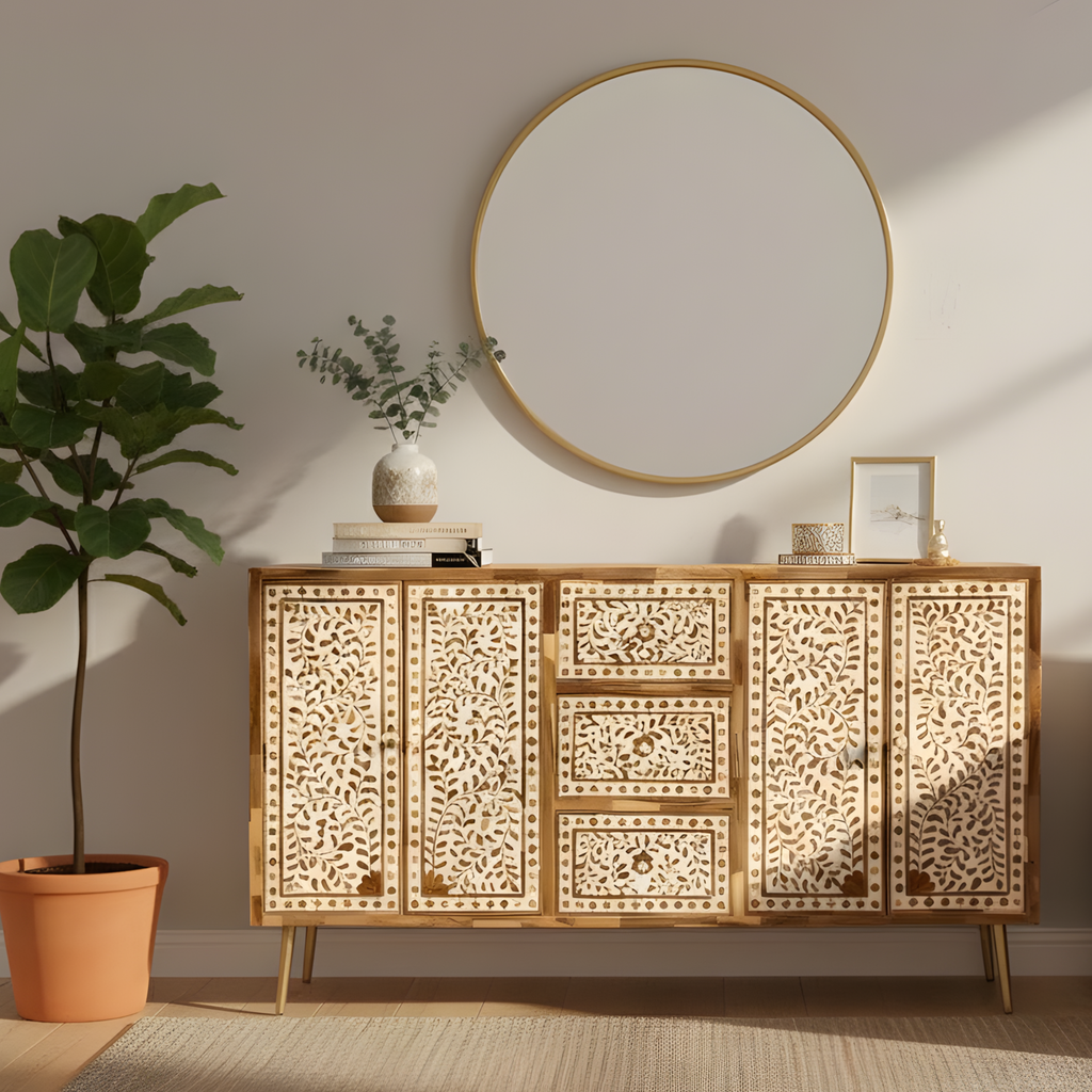Bone Inlay Floral 3 Drawer and 2 Doors Sideboard with Brass Knobs