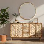 Bone Inlay Floral 3 Drawer and 2 Doors Sideboard with Brass Knobs