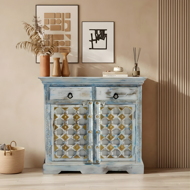 Rajasthani Reclaimed Teak Jaali Cabinet with Hand-Hammered Brass Accents Hover Image