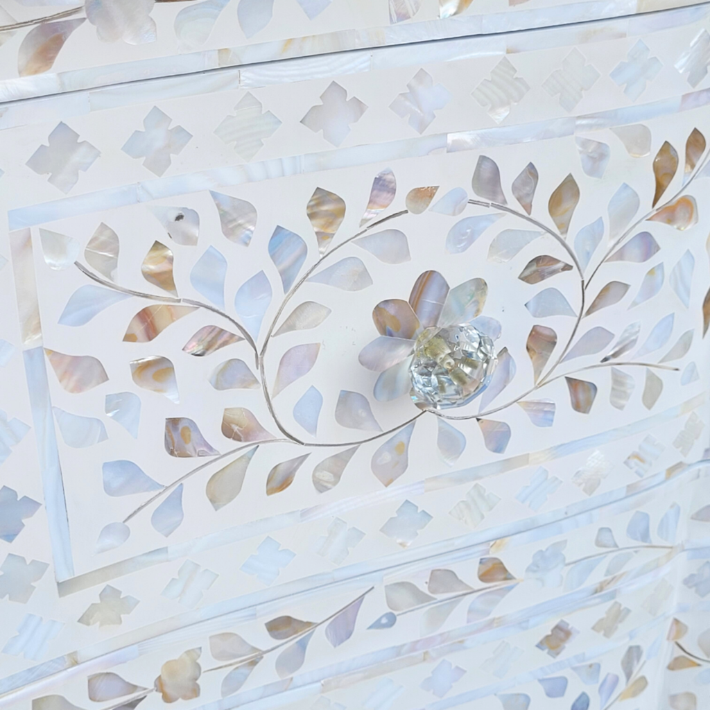 Hand-Carved Mother of Pearl Chest of 2 Drawers Floral Design